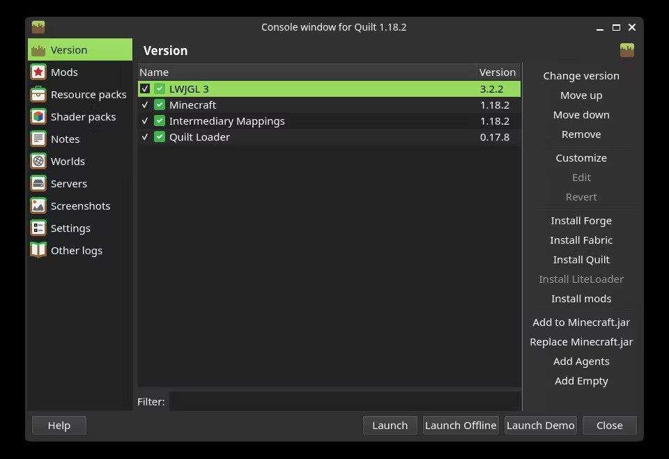 Instance version panel listing LWJGL, Minecraft, and Quilt Loader with install actions