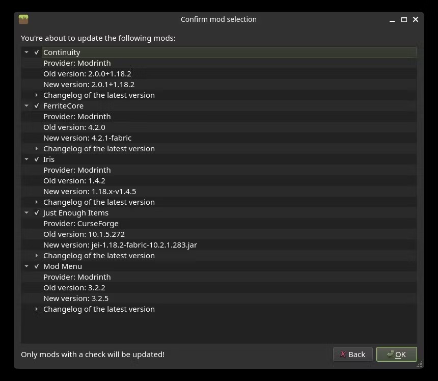 Confirm mod selection list showing version bumps from Modrinth and CurseForge