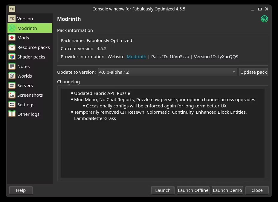 Modrinth pack information panel with update version dropdown and changelog