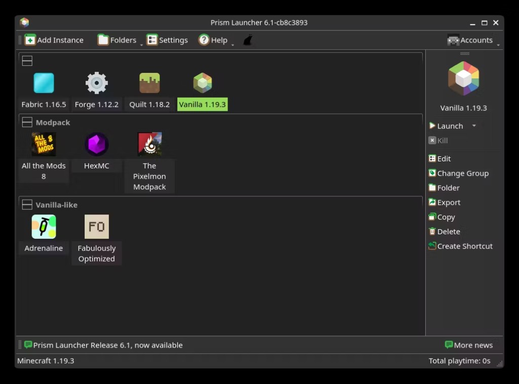 Prism Launcher main window showing organized Minecraft instances